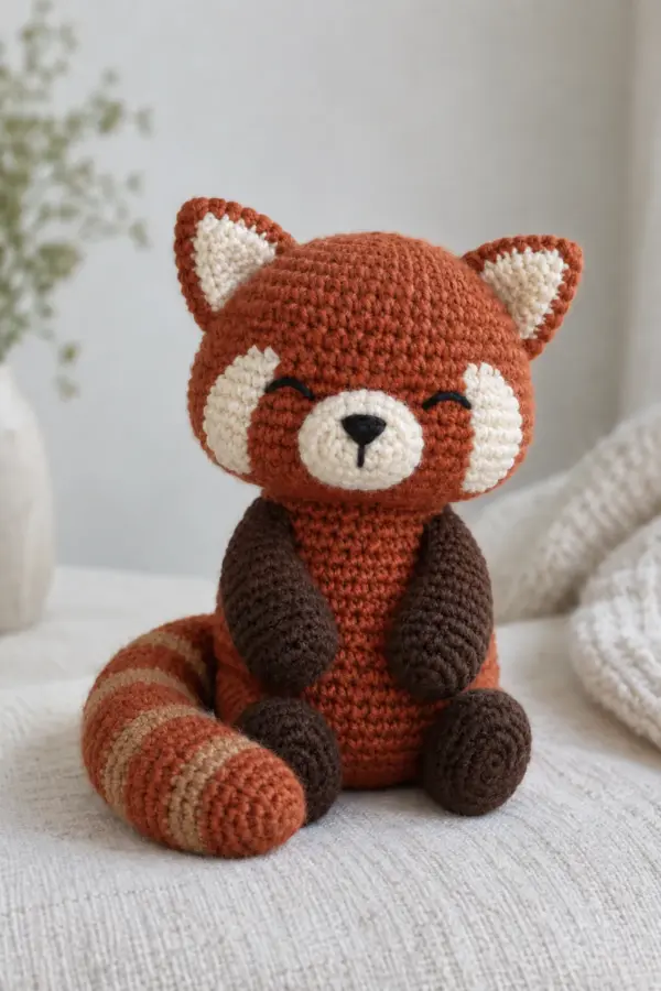 Original seated red panda crochet amigurumi about 6.5 inches tall, one-piece rust body and round head, two flat cream cheek patches and small cream muzzle with embroidered black closed eyes and nose, paired rust ears with cream inner triangles, compact dark-brown paws and feet, long rust-and-cinnamon ringed tail curved and sewn along the base, no plastic eyes