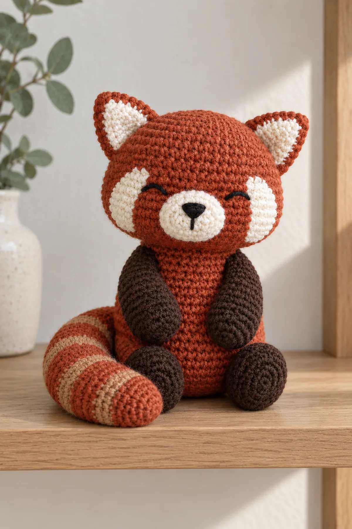 Finished original seated rust crochet red panda with cream face, dark paws and long rust-cinnamon ringed tail curved along the base, sitting stably on a simple wooden shelf in soft daylight, no children or text