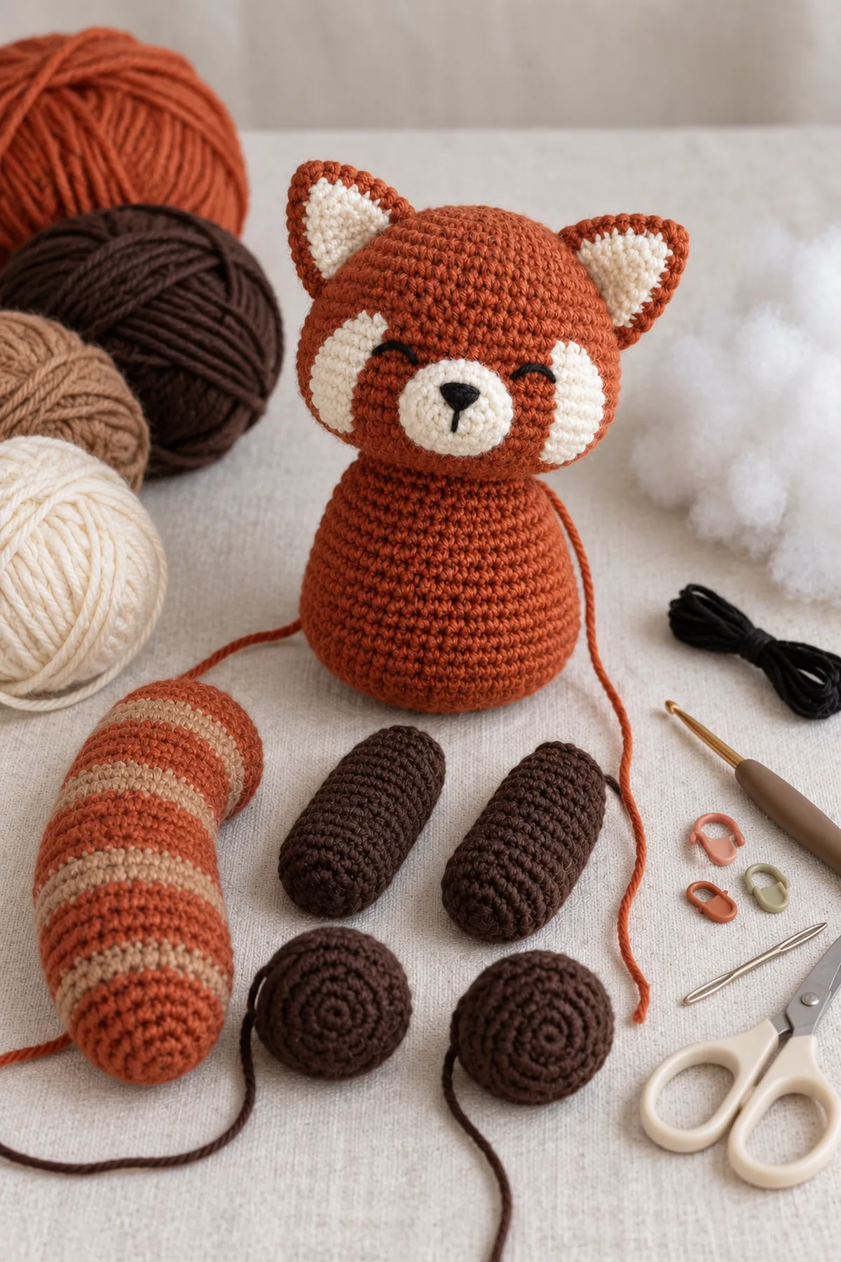 Rust, dark-brown, cinnamon and cream worsted yarn, a little black embroidery thread, washable fiberfill, 3.5 mm crochet hook, markers, blunt yarn needle and scissors on cream linen, no plastic eyes or wire