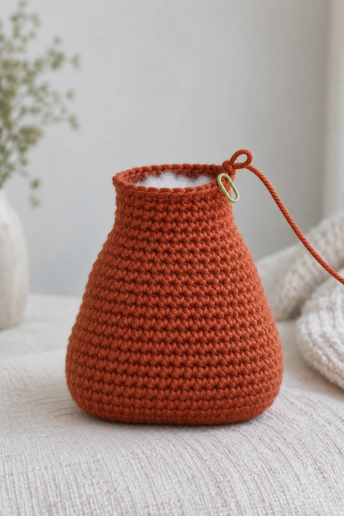 Partially crocheted rust red-panda body with broad flat seated base and narrowed open neck ready to expand into the head, live loop and marker, a little stuffing visible through the unfinished top, no attached limbs