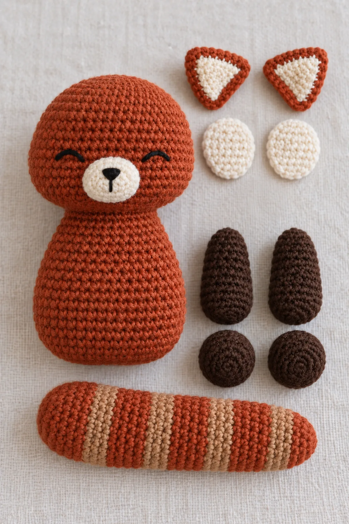 Finished rust one-piece red-panda body and head laid beside two cream cheek ovals, small cream muzzle, two rust ears with cream triangles, four dark-brown compact limbs and separate long ringed rust-and-cinnamon tail before assembly