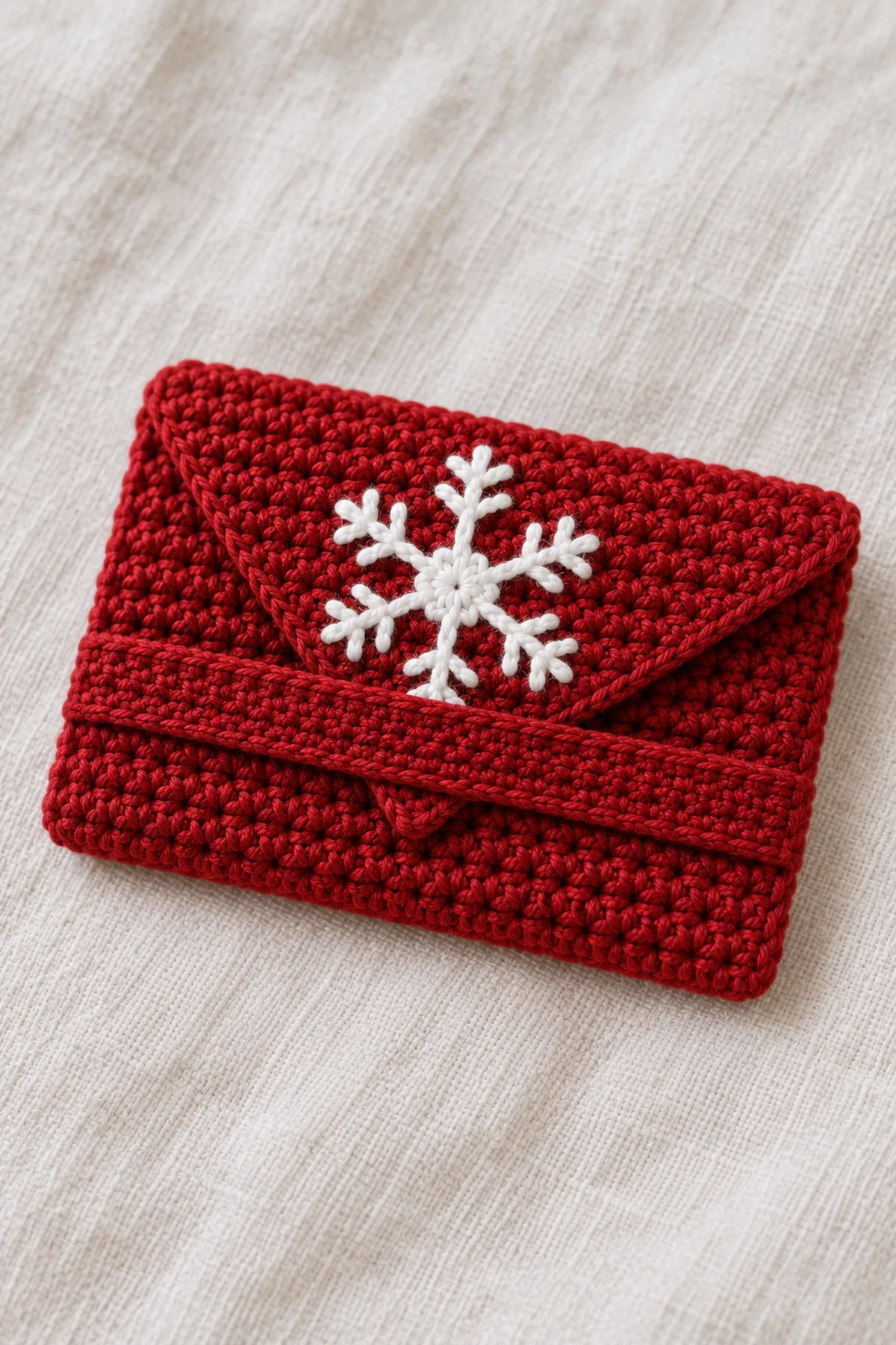 Macro of small cranberry crochet wallet showing fine white six-spoke snowflake sewn completely flat to the tapered flap and its red tip tucked under a narrow flat red keeper band, no button