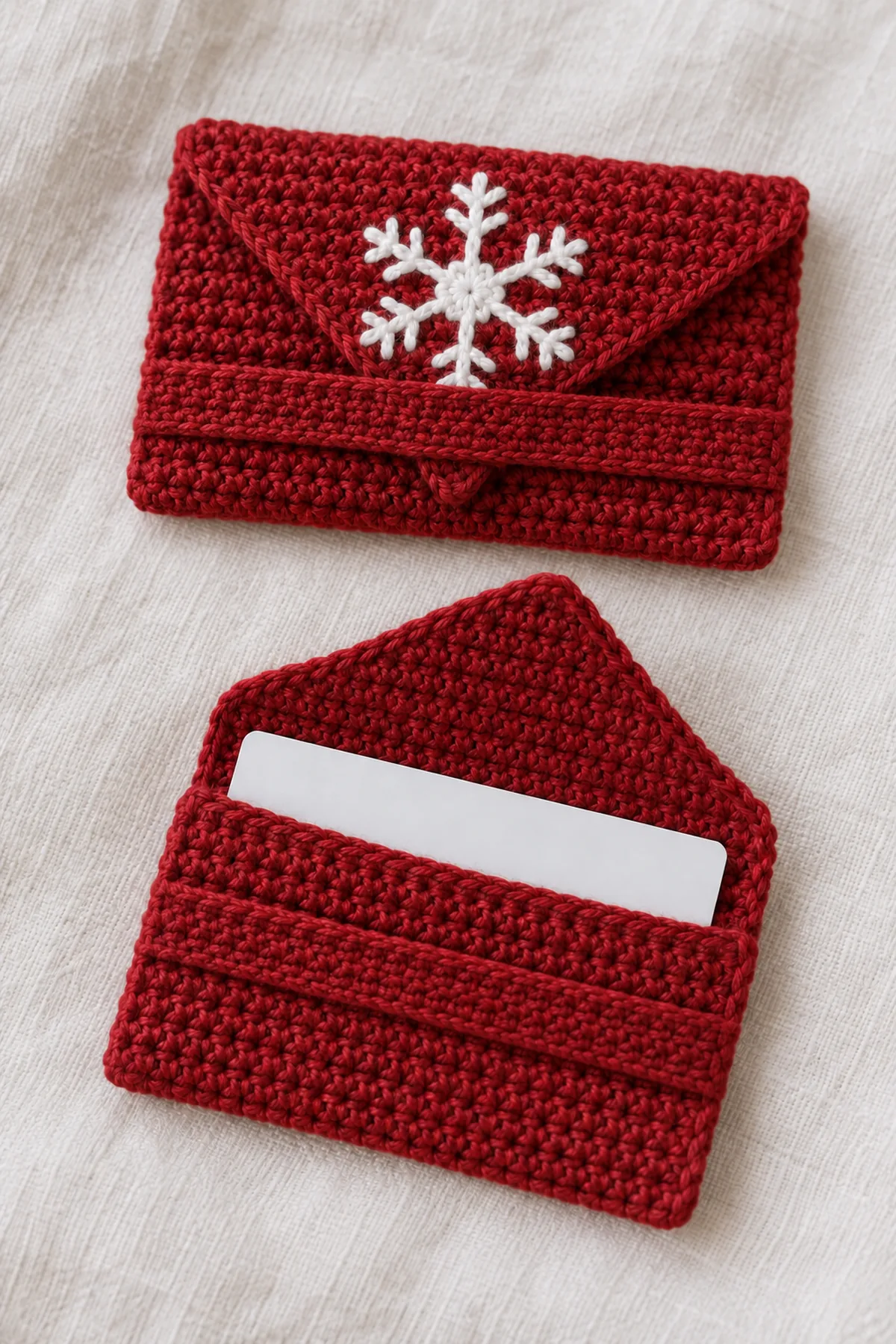Original small cranberry-red cotton crochet gift-card wallet, dense rectangular sleeve with tapered envelope flap and flat white six-point branched snowflake sewn onto the flap, narrow red keeper band securing the tucked flap tip, no button, shown closed beside a second view open with an unbranded blank card partly visible