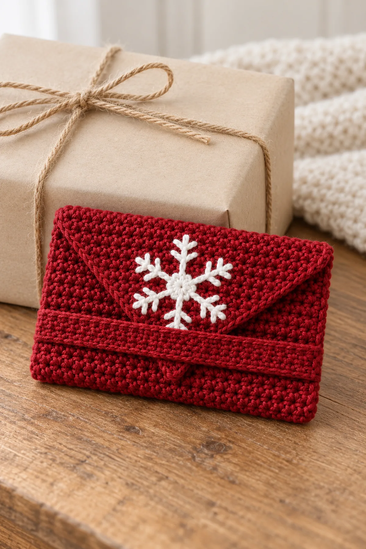 Finished cranberry crochet snowflake gift-card wallet tucked beside a plain wrapped holiday gift on a warm tabletop, white six-point snowflake and buttonless envelope closure clearly visible, no lettering or people