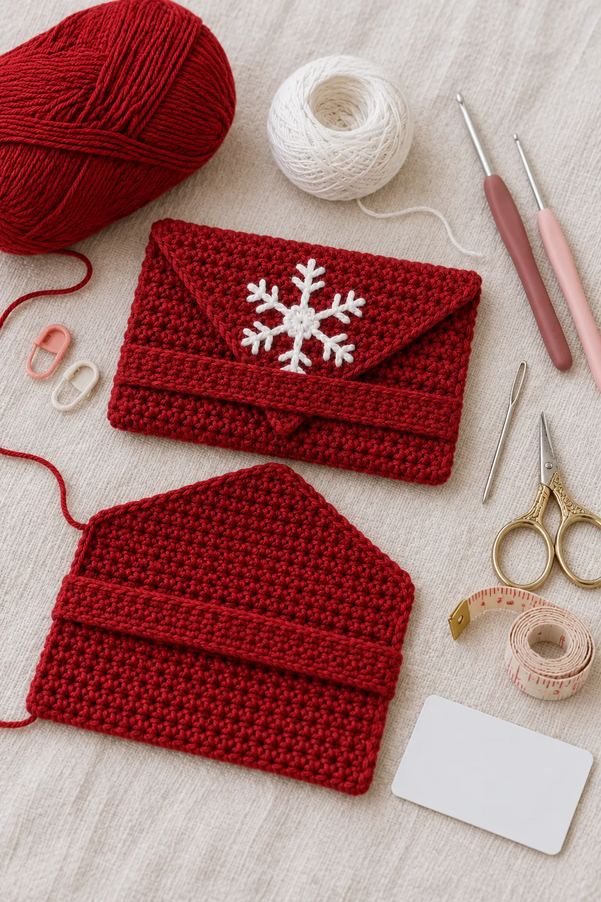 Cranberry sport cotton, fine white crochet cotton, 3 mm and 2 mm hooks, two markers, yarn needle, scissors, tape measure and one blank unbranded gift card on cream linen