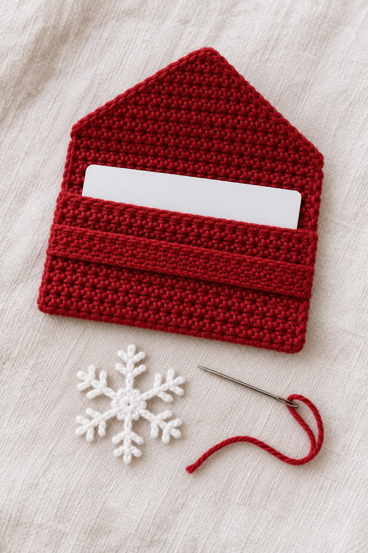 Small sewn cranberry crochet card sleeve open with tapered flap extended, separate flat white six-point branched snowflake and yarn needle beside it before applique attachment, blank card partly inserted