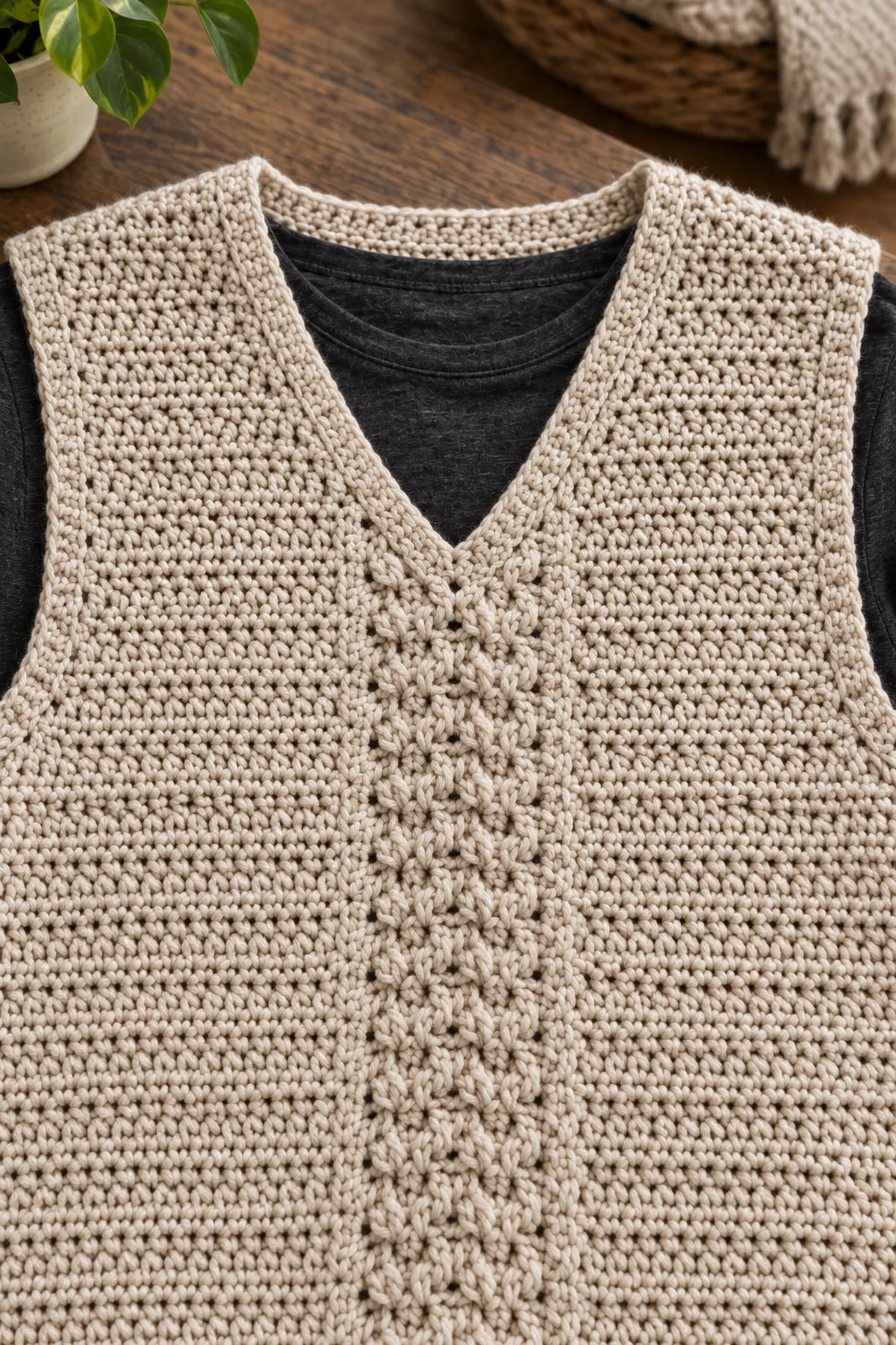 Close view of raised post-stitch center field, shallow V-neck sc edging and clean shoulder seam in oatmeal crochet vest