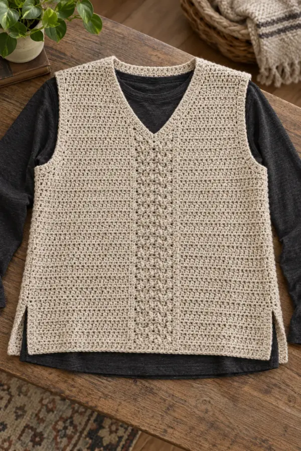 Original adult oatmeal crochet sweater vest layered over a dark long-sleeve shirt, shallow V-neck, narrow central raised texture panel and visible two-inch split hems