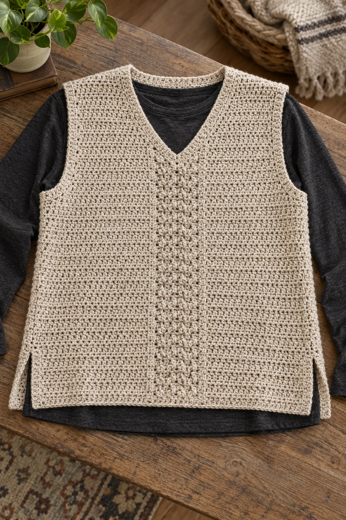 Original adult oatmeal crochet sweater vest layered over a dark long-sleeve shirt, shallow V-neck, narrow central raised texture panel and visible two-inch split hems