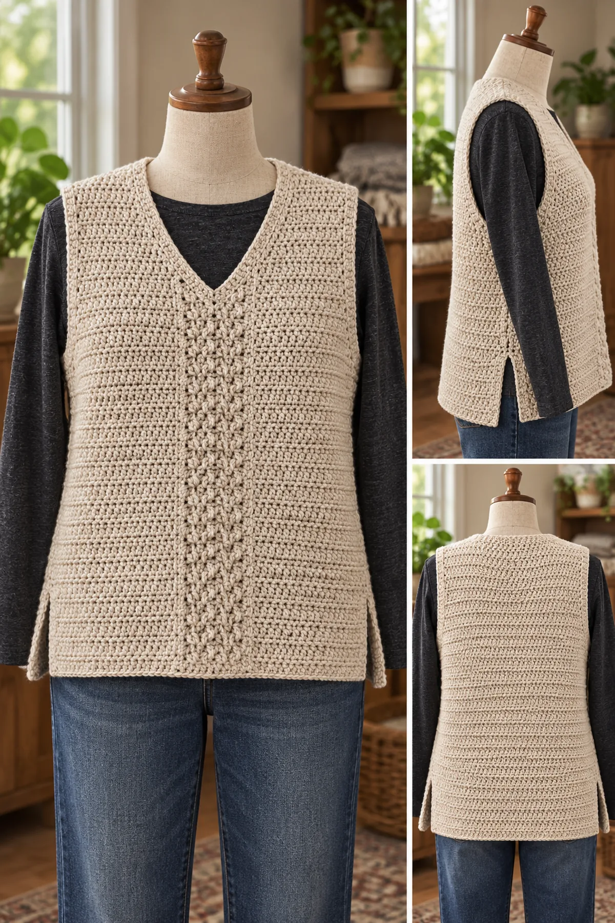 Finished relaxed adult oatmeal crochet sweater vest worn over a dark long-sleeve top, front and side views revealing V-neck, straight arm opening and open split hem