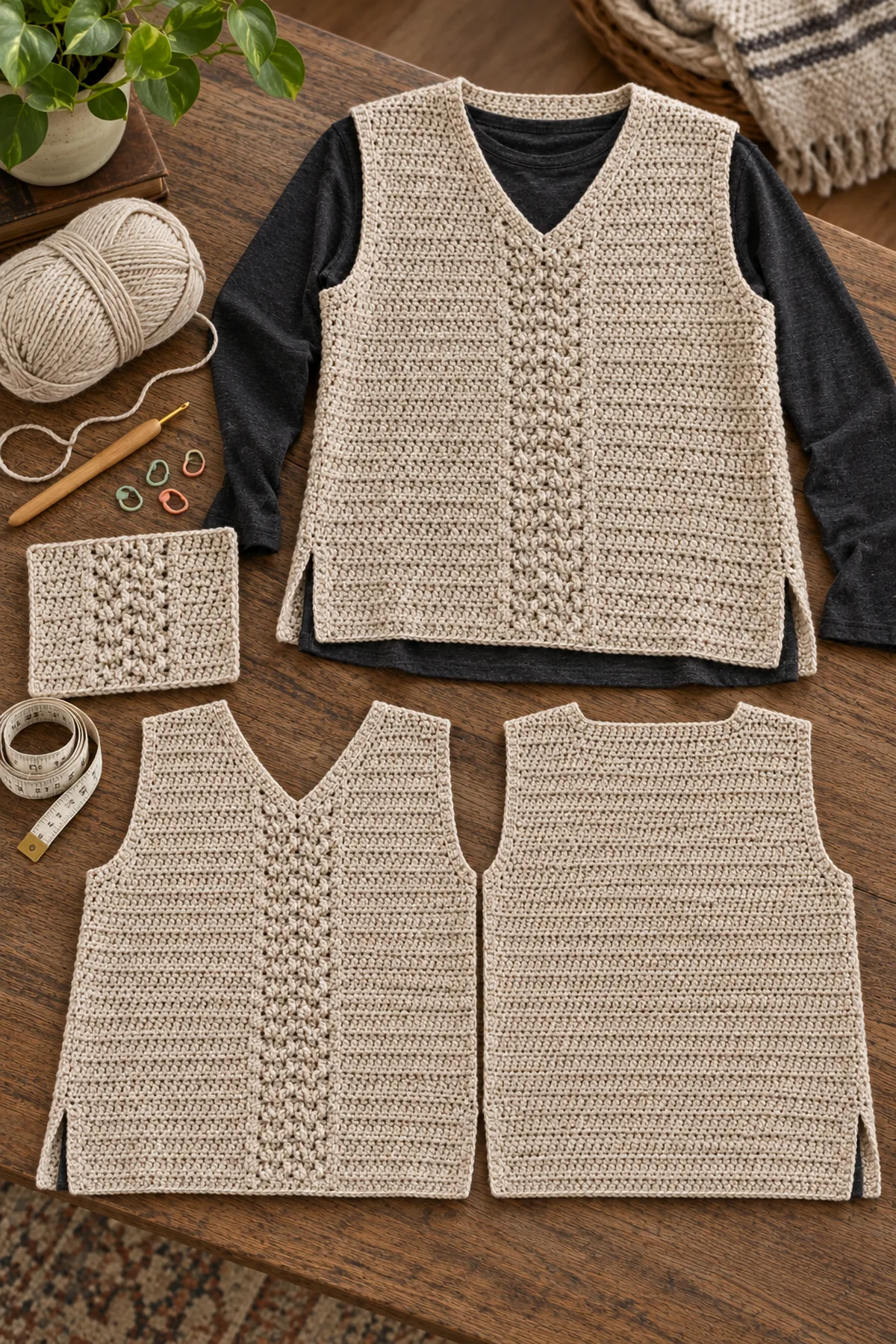 Oatmeal worsted wool-cotton blend, hook, markers, tape measure and washed raised-post stitch gauge swatch beside adult vest
