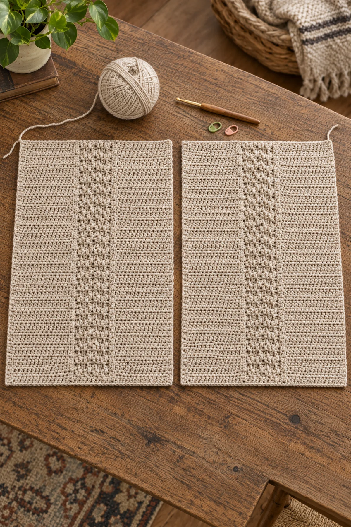 Two flat full-width oatmeal crochet vest body panels with centered narrow raised texture field and no shoulder seams