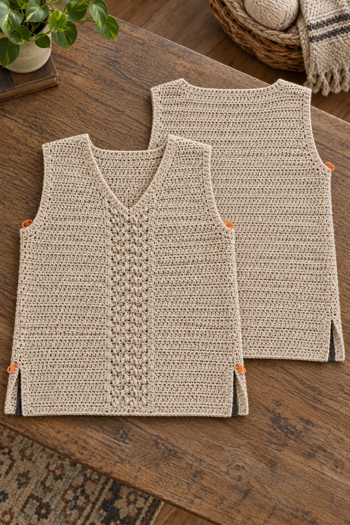 Front vest panel laid flat with V-neck split and two equal shaped shoulders beside plain-neck back panel, side-slit and armhole markers visible