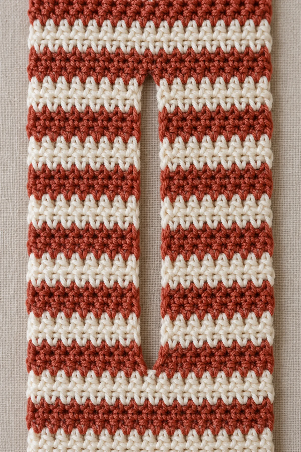 Macro of completed cream-and-rust two-row striped keyhole scarf laid flat, opposite tip removed so integral narrow lengthwise slot is visible, two equal hdc branch edges meet a clean full-width rejoin with no button or sewn-on loop.