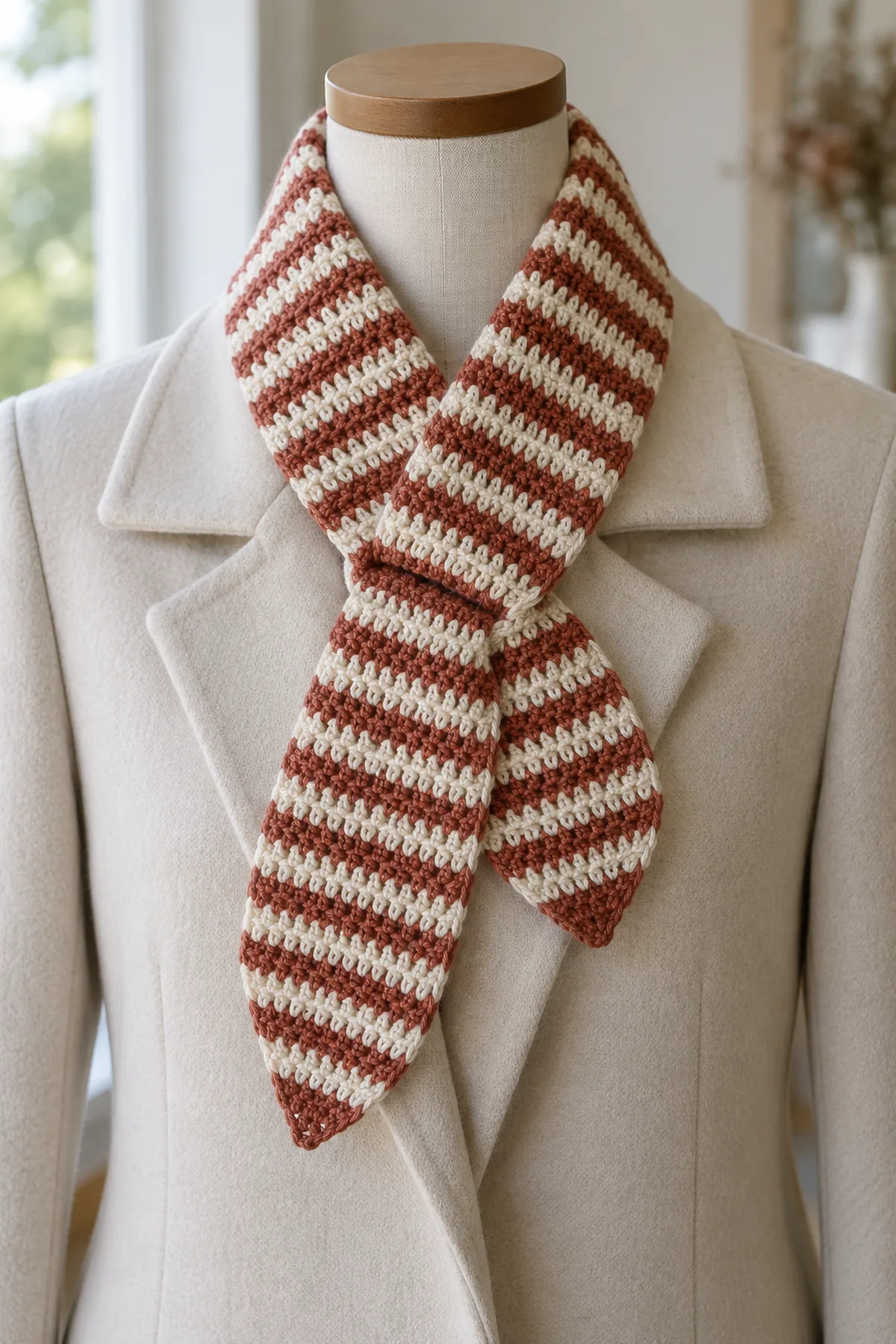 Short adult cream-and-rust narrow two-row transverse striped half-double-crochet scarf, five inches wide with symmetrically tapered flat tips, one integral lengthwise pass-through slot near one end. Opposite tapered tip passed neatly through slot over a plain neutral coat on a headless torso mannequin, no hood no fringe no closed loop.