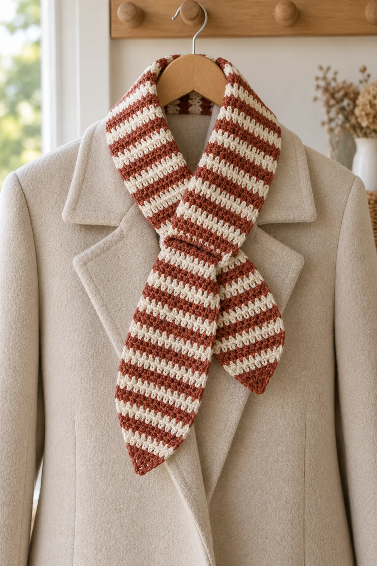 Completed short cream-and-rust striped hdc scarf on a plain oat coat hanging on a wood coat hanger, one tapered flat tip passes through the integral slot near the other end; short ends and no fringe, warm daylight, no person.