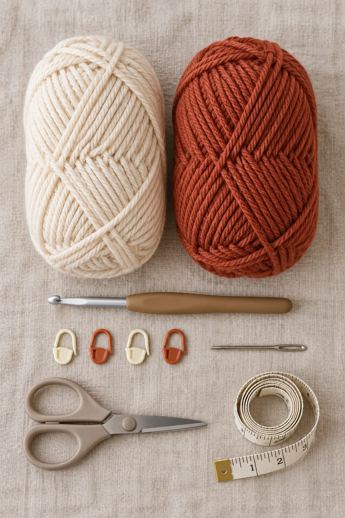 Cream and rust worsted soft yarn balls, 5 mm hook, four markers, blunt needle, scissors and measuring tape on neutral linen.