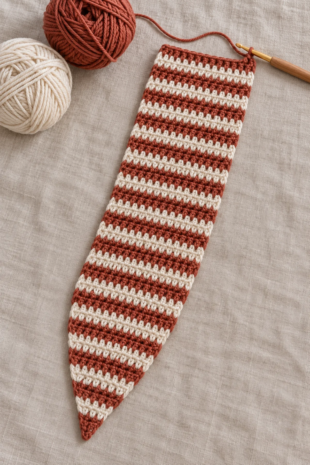 Unfinished cream-and-rust two-row striped hdc scarf lying flat on linen, eight-stitch flat beginning tip broadens gradually to five-inch-wide straight rectangle, live yarn and hook at working end, no keyhole yet.