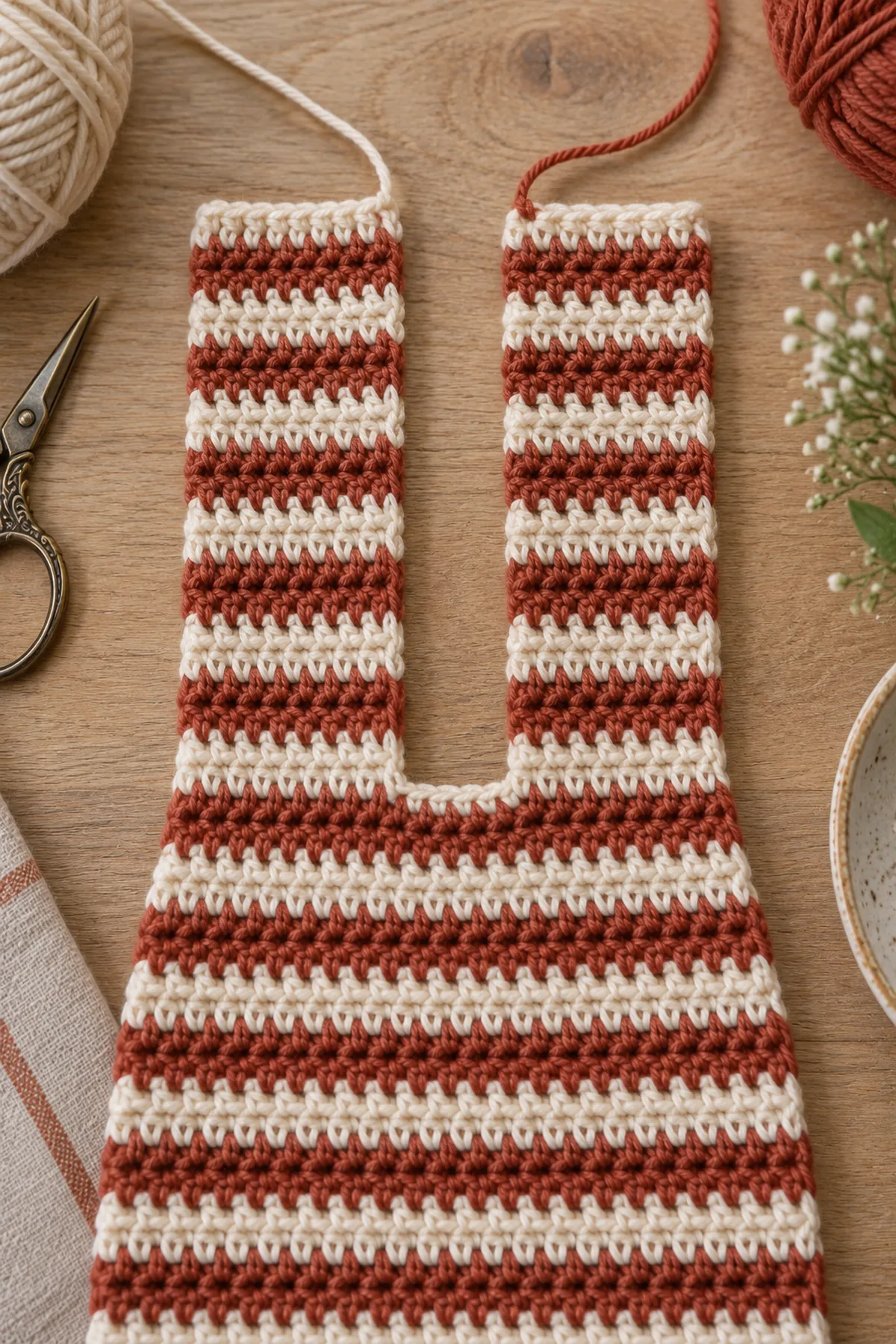 Close overhead view of unfinished cream-and-rust striped hdc scarf at keyhole stage: two parallel equal narrow ten-stitch branches of nine rows each emerge from the full-width body, inner gap open, both branch top edges separate and unjoined, aligned stripe colors, no finished tip through opening.