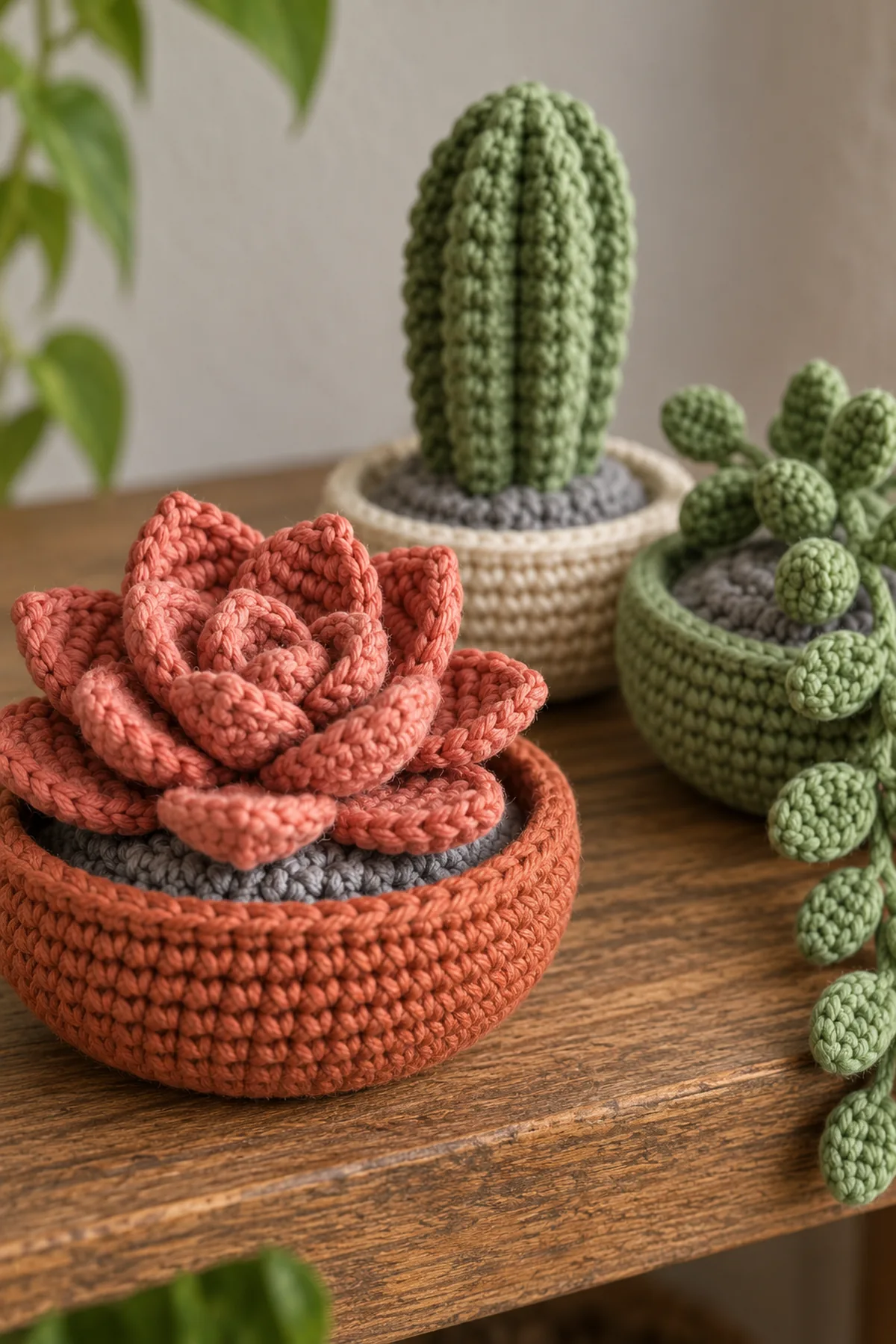Close view of secured layered crochet succulent petals and sewn gray pebble insert inside terracotta soft cotton bowl, no loose beads