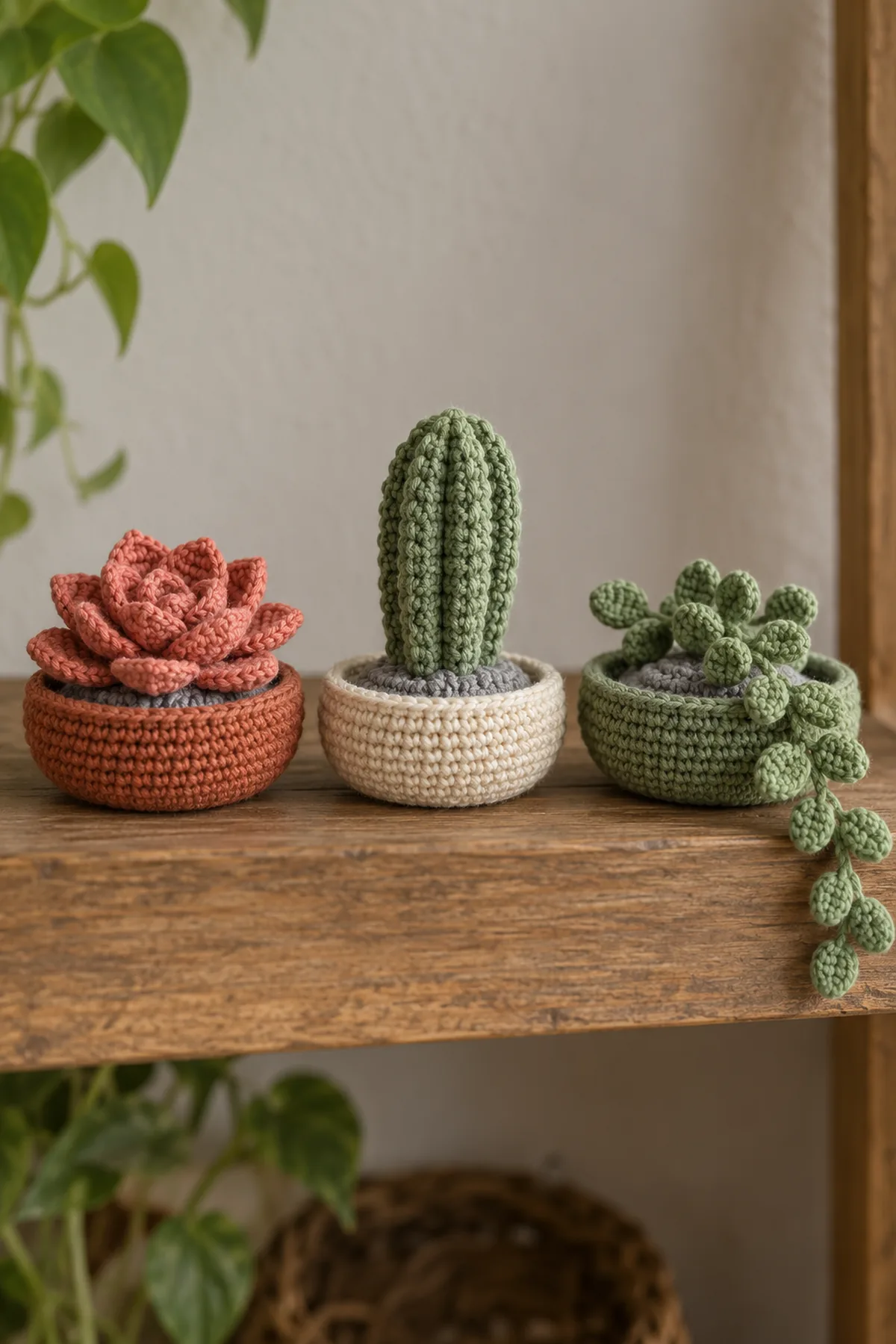 Original trio of crochet succulent shelf decorations in terracotta cream and sage shallow soft bowls: layered rosette, upright ribbed column and trailing bead-leaf sprig, no glass or wire