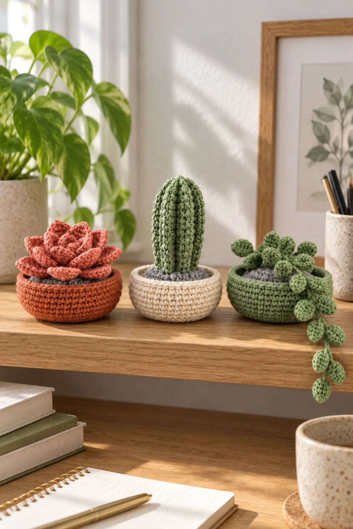 Three finished original soft crocheted succulent decorations in separate shallow bowls displayed together on a bright adult desk shelf, no glass terrarium