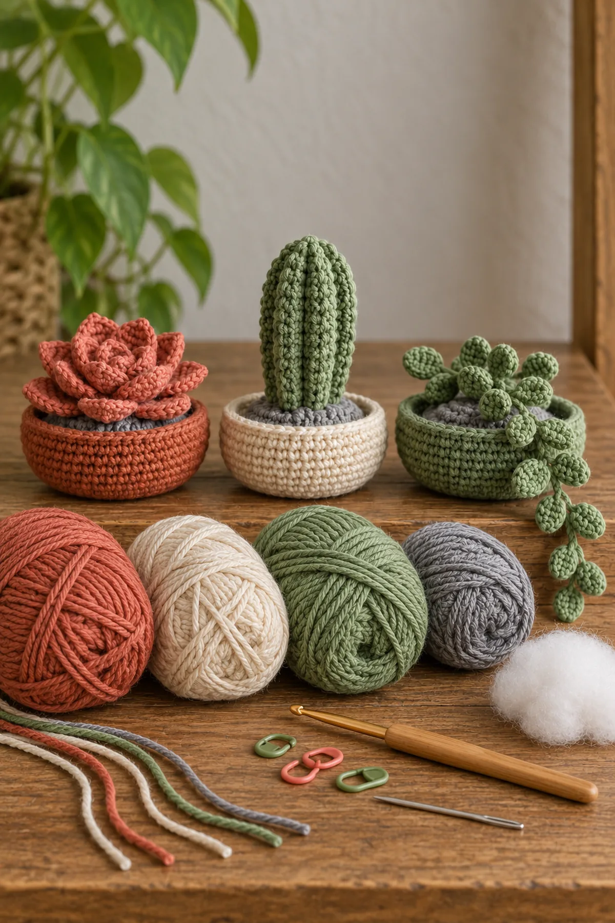 Assorted DK cotton greens with terracotta cream sage and gray cotton, small amount of fiberfill, hook, markers and yarn needle arranged for succulent trio