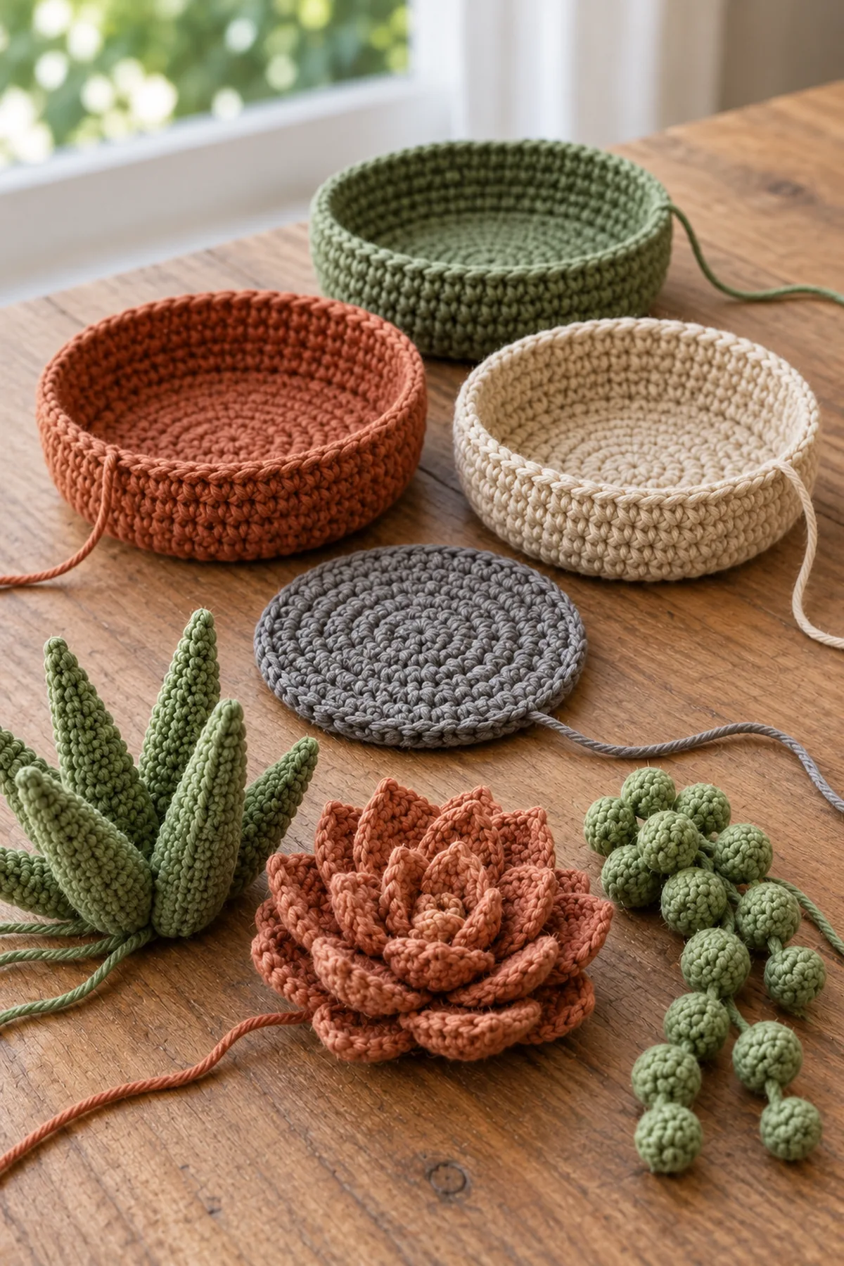 Three unfinished flat 48-stitch crochet bowl bases with distinct colored yarn and a separate gray crocheted pebble insert before walls or plants