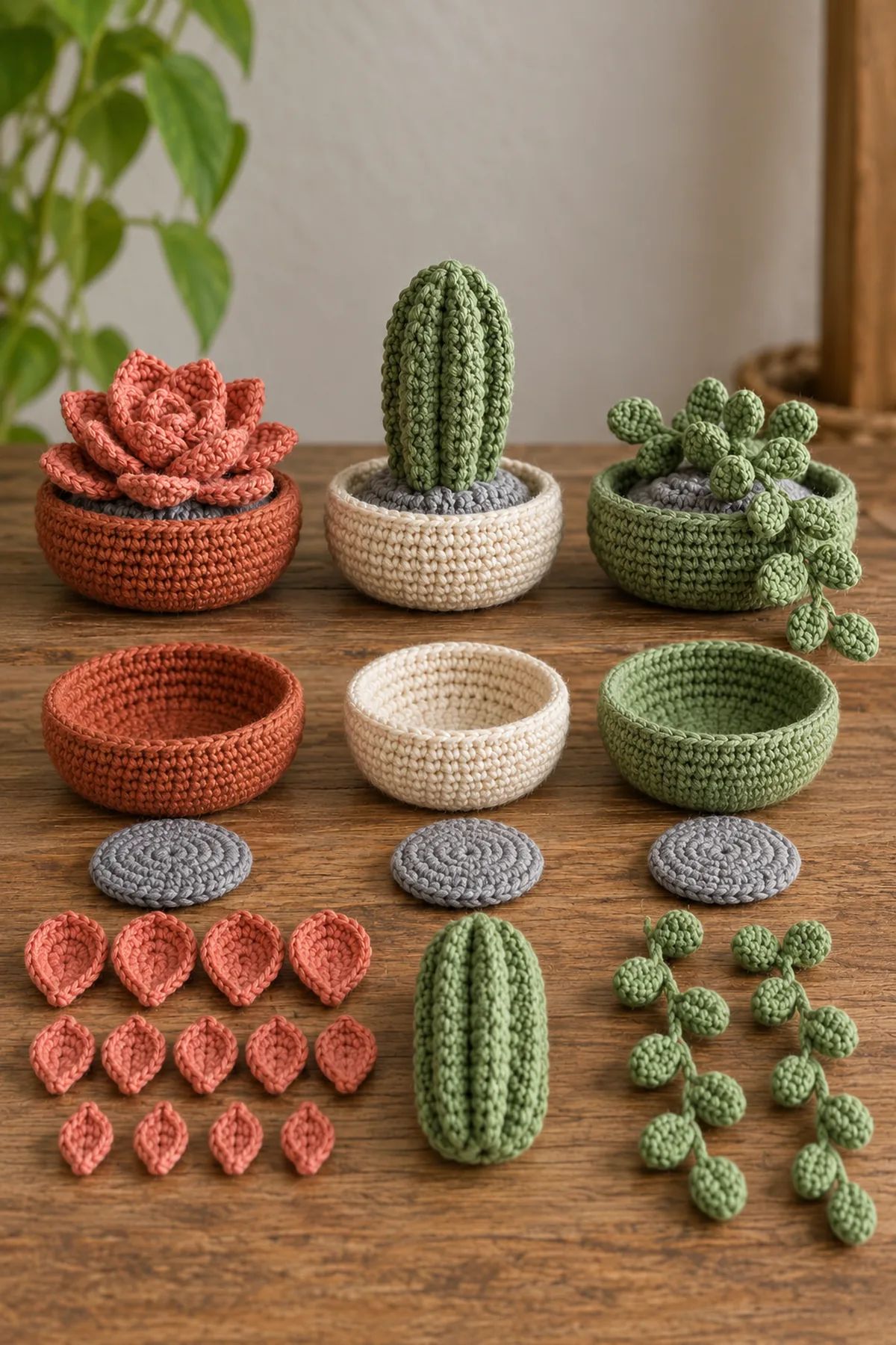 Layered crochet rosette pieces, ribbed small stuffed column and two soft trailing leaf stems laid separately beside three completed shallow bowls before sewing
