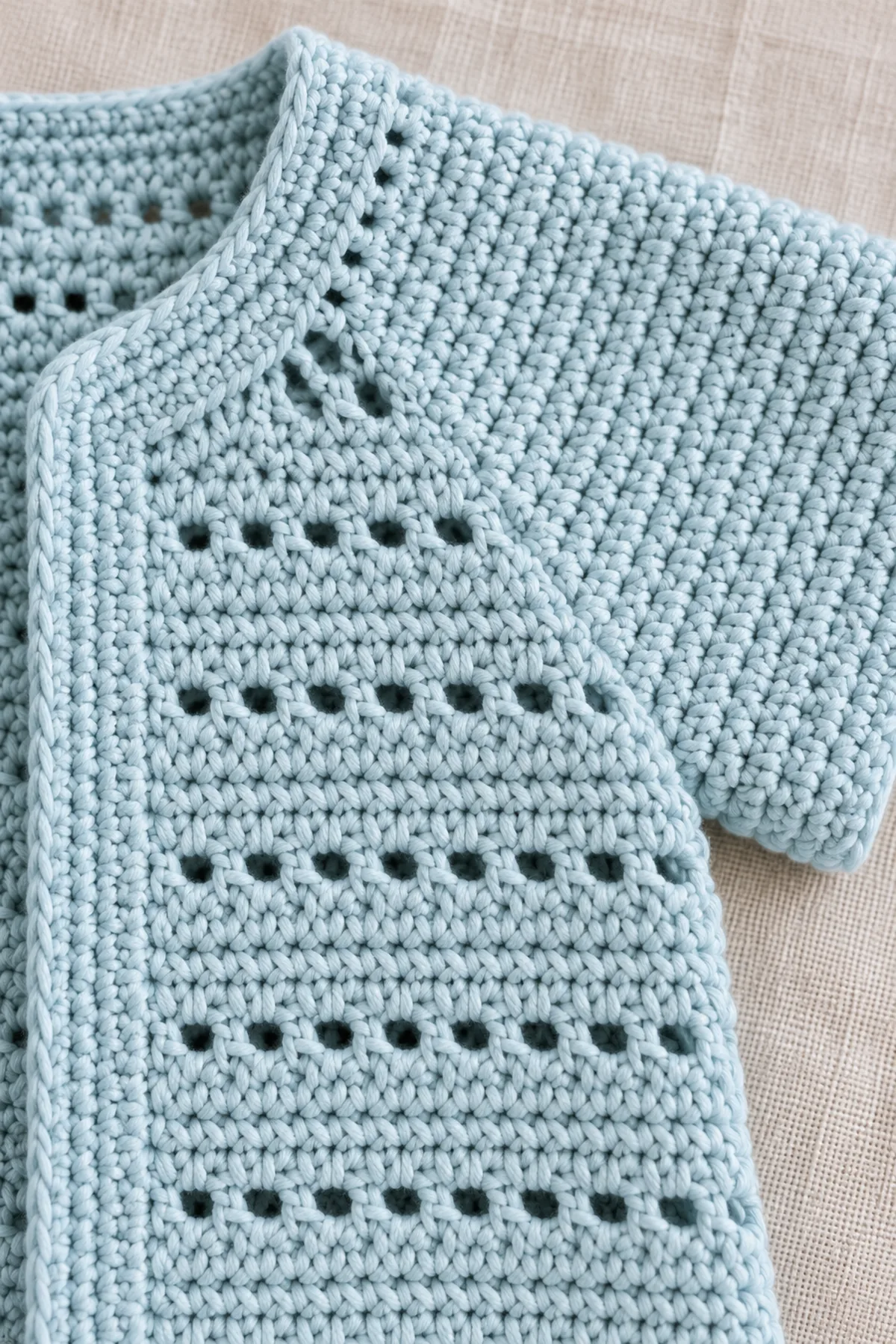 Macro of one tiny evenly spaced hdc-and-chain eyelet row beside a firm solid single-crochet armhole border and plain short sleeve join, pale sea-glass cotton texture, no large holes.