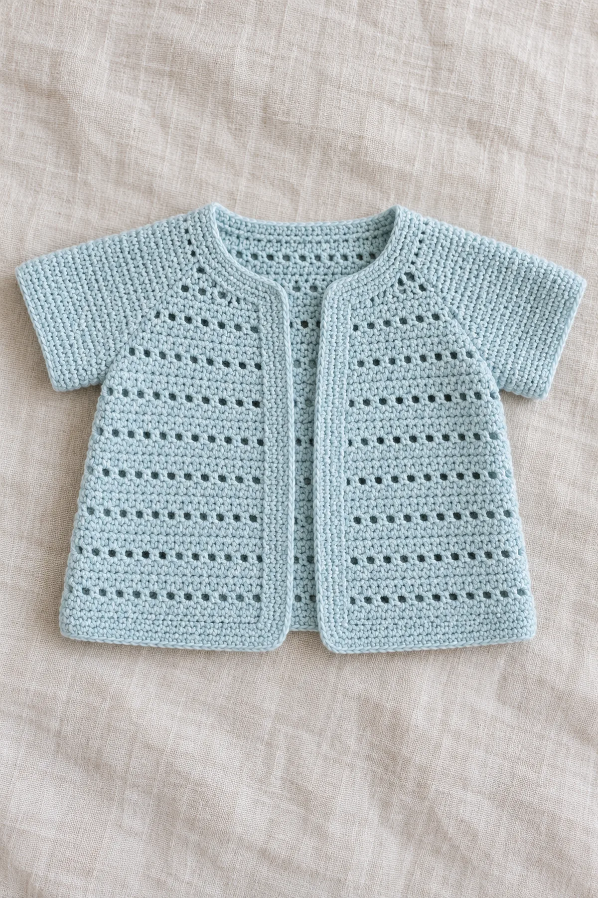 Finished airy pale sea-glass blue cotton baby cardigan with tiny evenly spaced horizontal eyelet rows over a simple open front, short plain solid sleeves, solid clean neckline and front border, no closures or ties; whole garment flat on light linen.