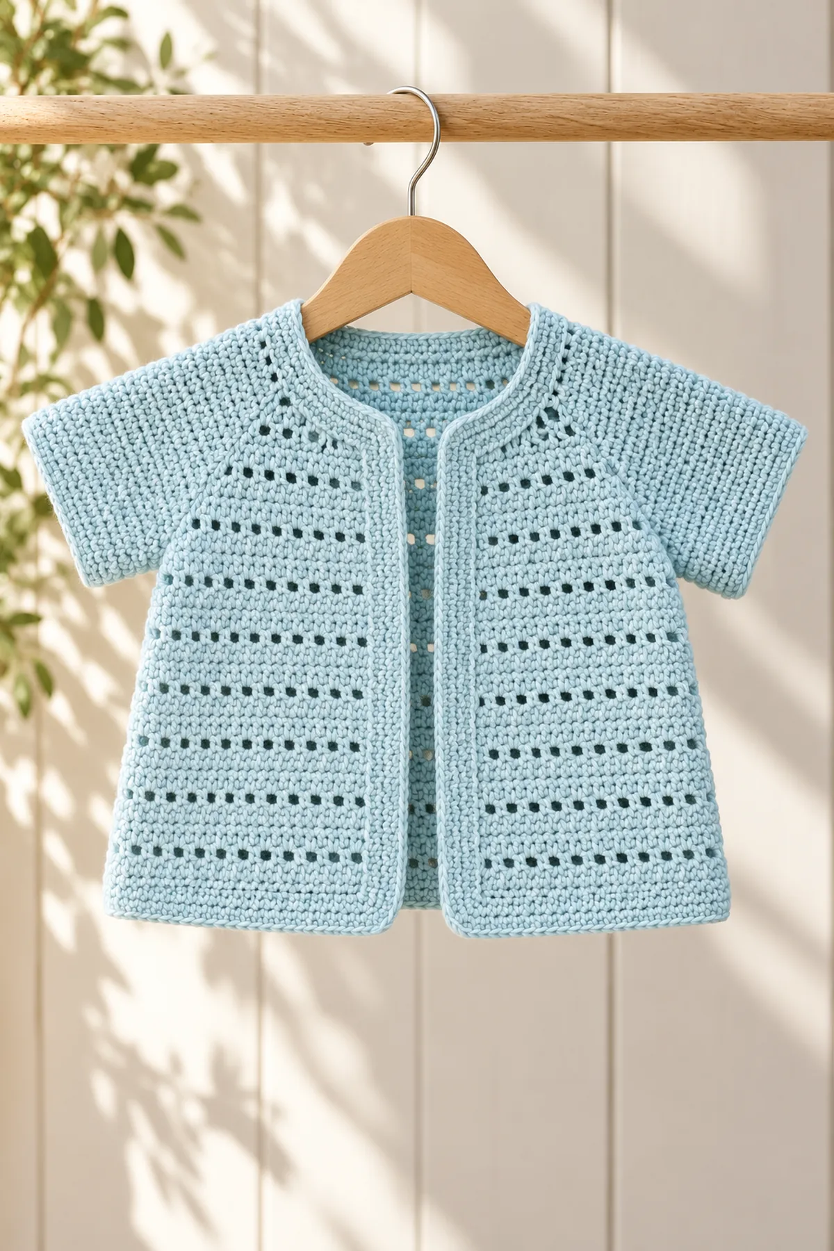 Finished open pale sea-glass short-sleeve eyelet baby cardigan on a child-size wooden hanger in sunny natural light, little eyelets throughout body and solid edging; no child, buttons or cords.