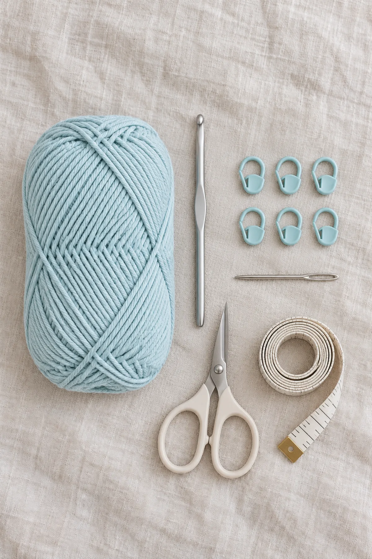 Pale sea-glass DK cotton yarn, 4 mm hook, six markers, yarn needle, scissors and measuring tape on light linen, no finished garment.