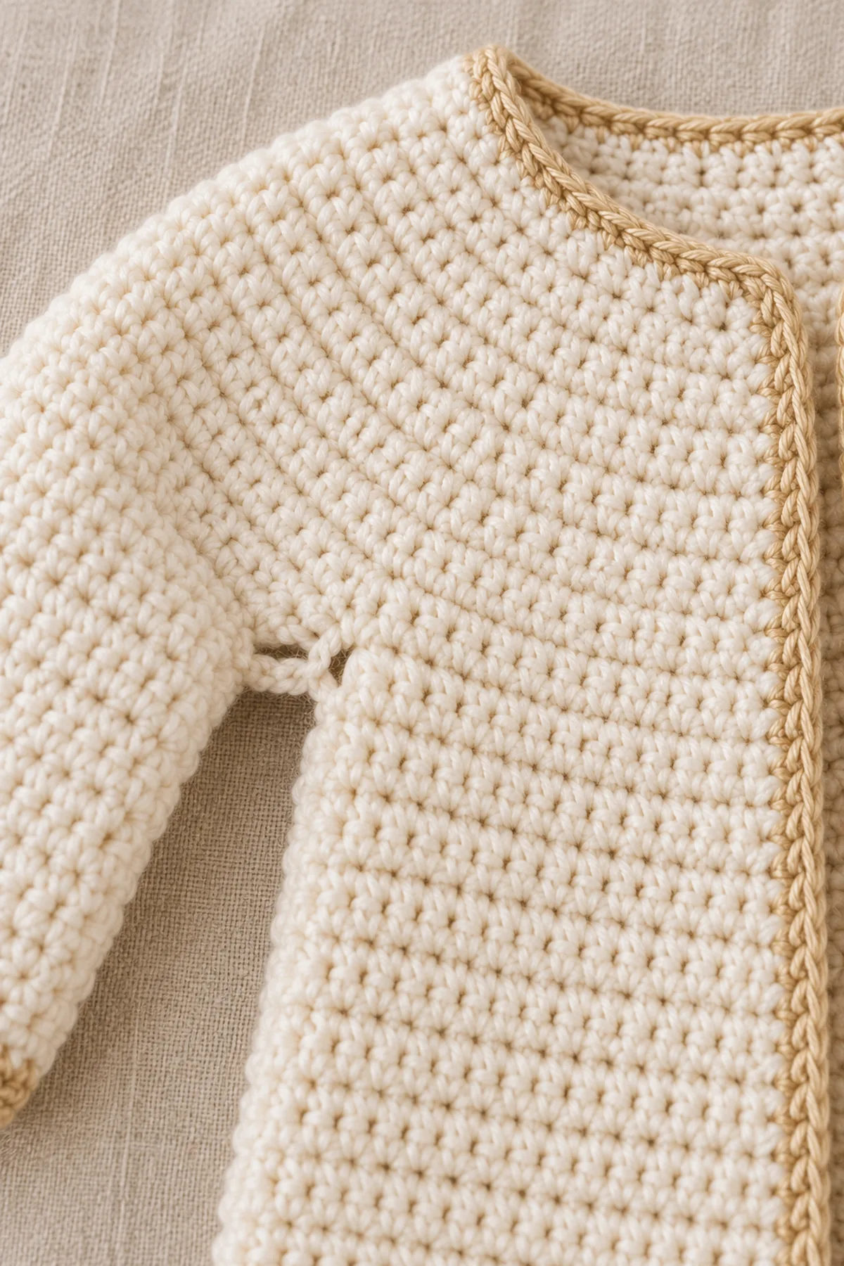 Macro view of rounded cream hdc yoke curving evenly into the first body row with four-chain underarm bridge; no prominent four raglan lines, no button or tie.