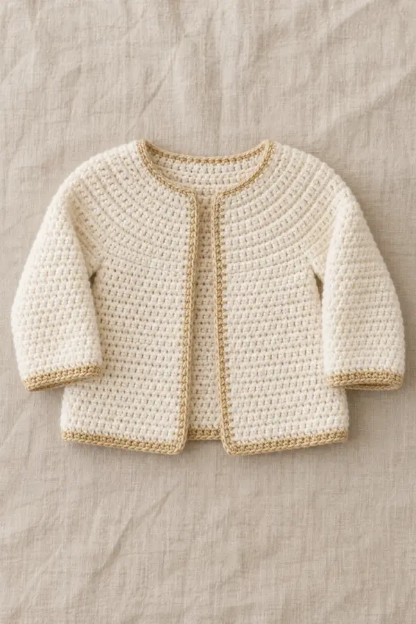One finished original cream baby cardigan with smooth gently rounded top-down half-double crochet yoke, open front, plain long sleeves and narrow pale-gold hem; no diagonal raglan seams, buttons, hood, pockets or ties. Front flat-lay on warm linen.