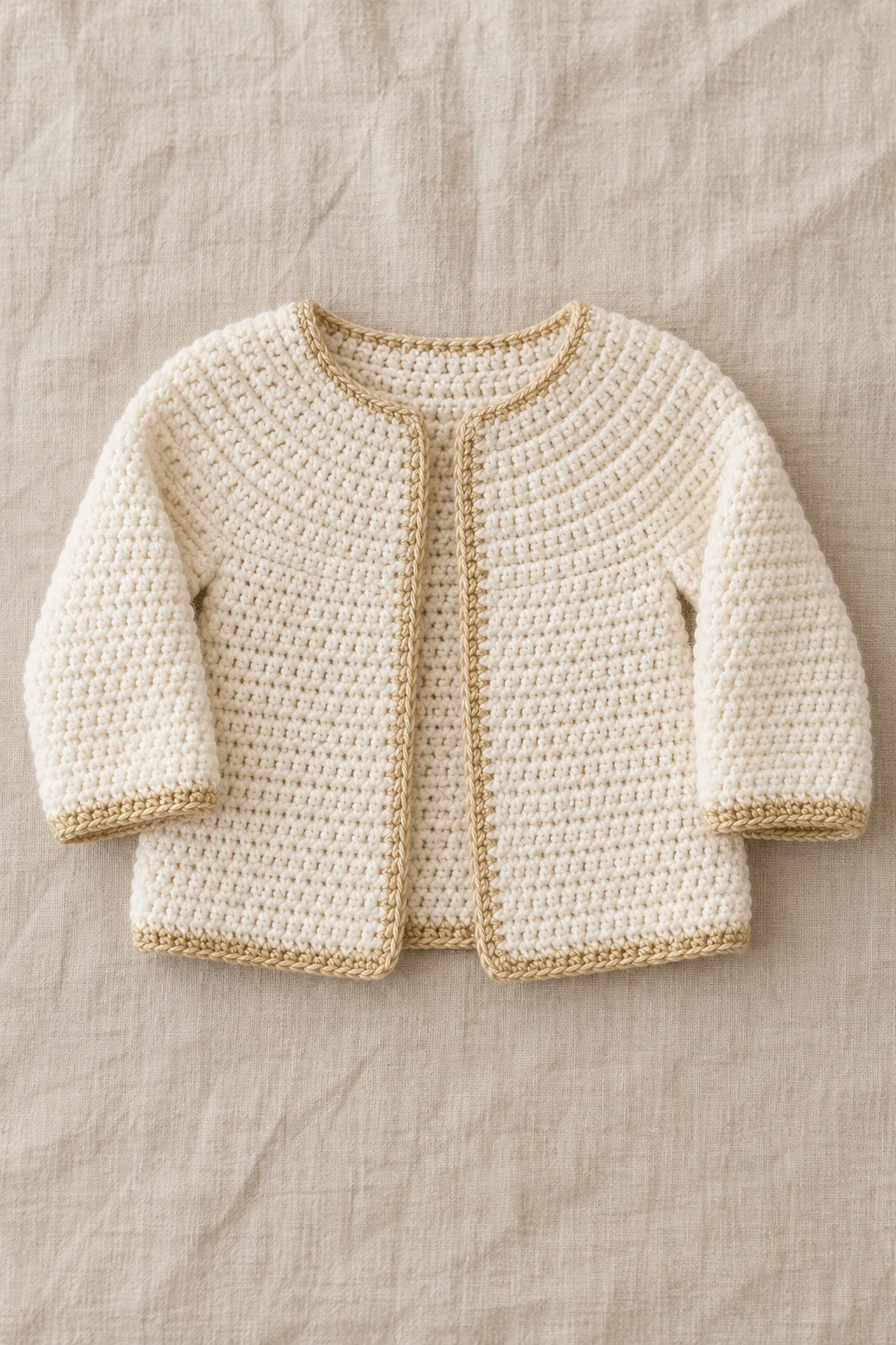 One finished original cream baby cardigan with smooth gently rounded top-down half-double crochet yoke, open front, plain long sleeves and narrow pale-gold hem; no diagonal raglan seams, buttons, hood, pockets or ties. Front flat-lay on warm linen.