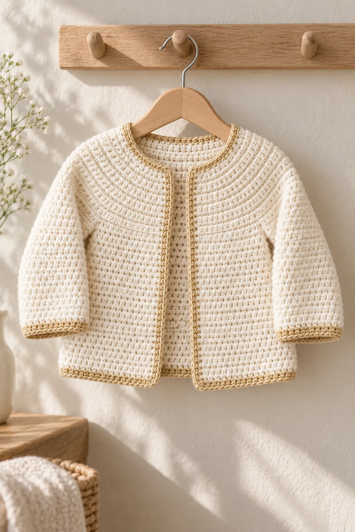 Completed open cream baby cardigan with smooth circular yoke and two-row pale-gold hem displayed on a child-sized wood hanger in daylight, no baby, buttons or hood.