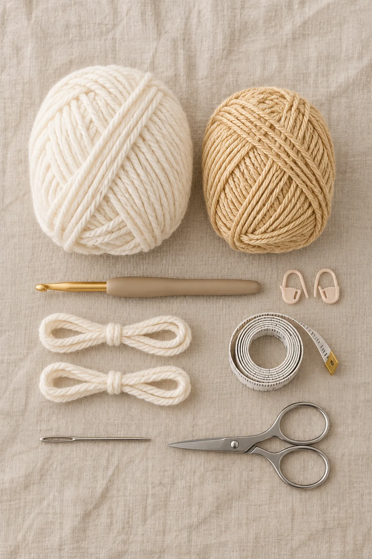 Cream and pale gold washable DK yarn, 4 mm hook, markers, two short waste-yarn sleeve holders, tape measure, needle and scissors on linen; no cardigan.
