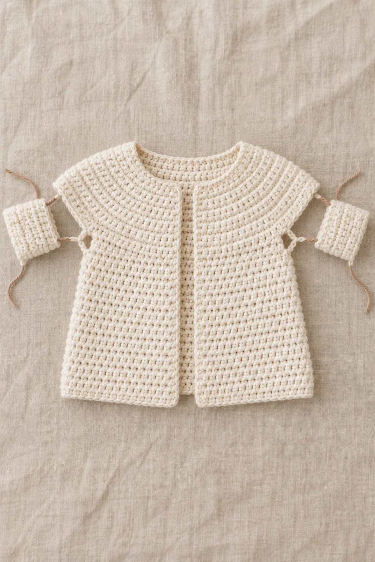 Open cream rounded-yoke baby cardigan with two sleeve groups on short waste yarn, four underarm chain positions at each gap and partly crocheted straight body; no finished sleeves or gold hem.