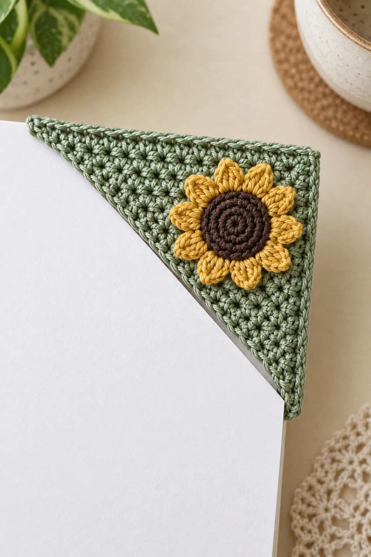 Macro of finished thin sage crochet page-corner pocket with open diagonal edge; white paper corner between two layers, neatly joined perpendicular outside edges, small golden sunflower attached only to front, fine cotton thread texture