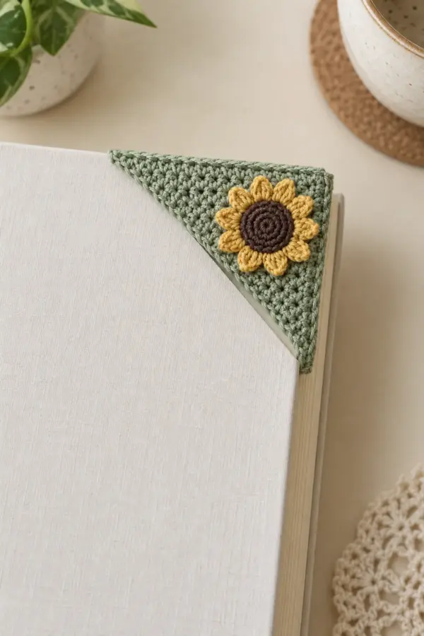 Fine-thread sage triangular crochet page-corner bookmark fitted over the upper right corner of a plain book. Two thin right-triangle layers joined on the two perpendicular outer edges, diagonal pocket opening clearly visible below. One small flat sunflower with brown spiral center and twelve short golden petals attached to outer front near page corner. No stem, no tassel, no cord. Cream desk