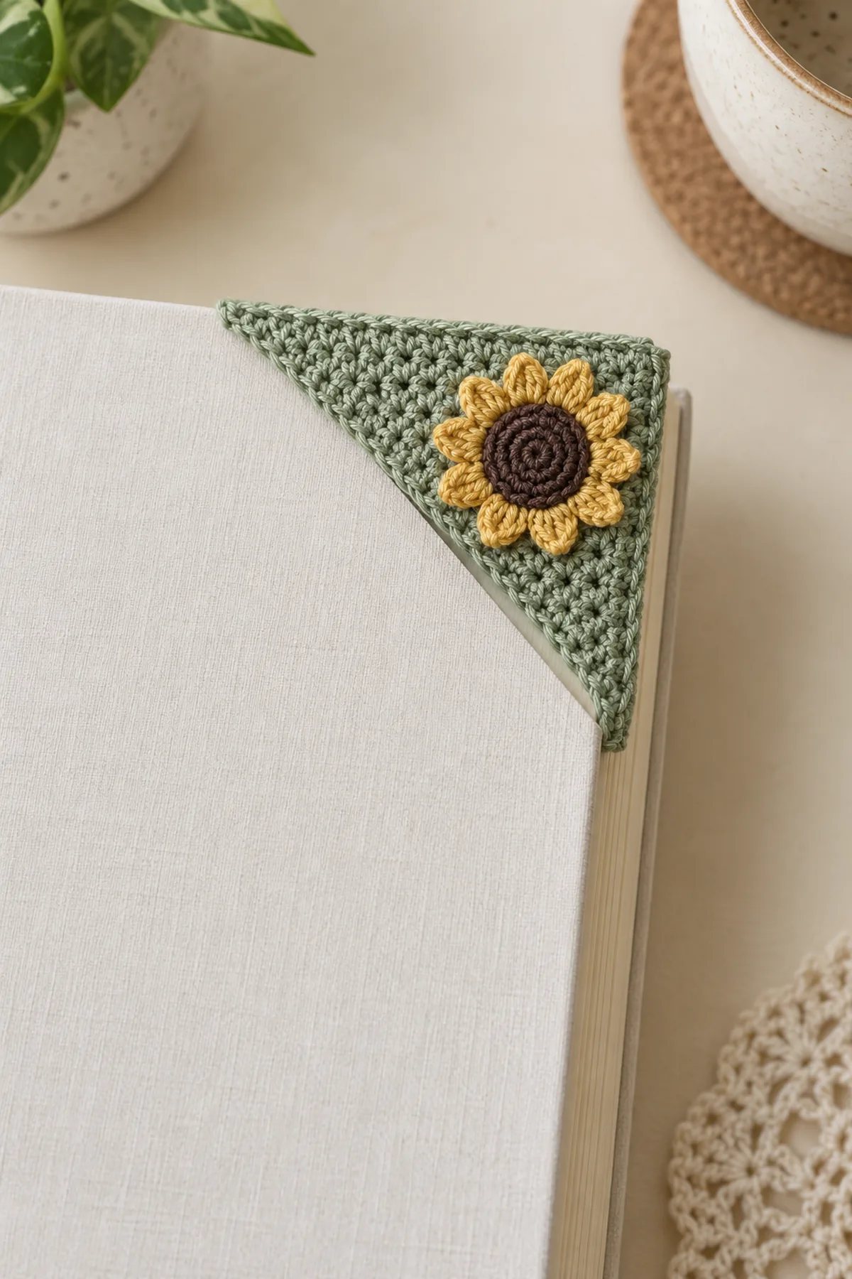Fine-thread sage triangular crochet page-corner bookmark fitted over the upper right corner of a plain book. Two thin right-triangle layers joined on the two perpendicular outer edges, diagonal pocket opening clearly visible below. One small flat sunflower with brown spiral center and twelve short golden petals attached to outer front near page corner. No stem, no tassel, no cord. Cream desk