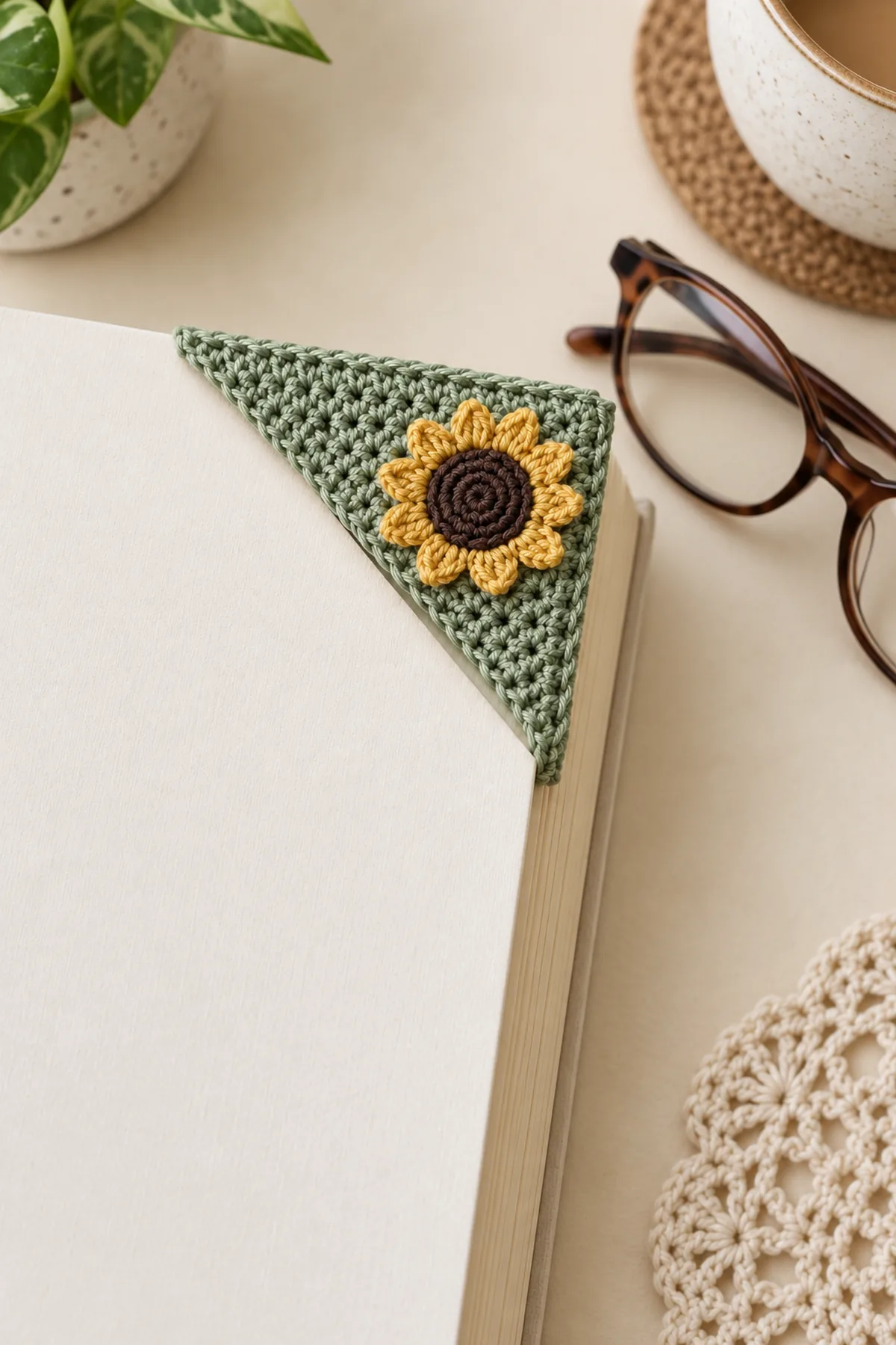 Same small sage fine-thread corner bookmark with flat brown-centered golden sunflower on top right corner of plain paperback pages, reading glasses beside book on cream desk, no readable book text, no person