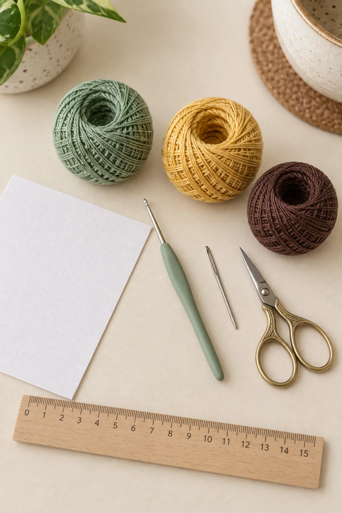 Small balls of size 10 sage golden-yellow and brown crochet cotton thread, fine 1.5 mm crochet hook, small blunt needle, scissors, ruler and plain scrap paper on cream desk. No finished bookmark