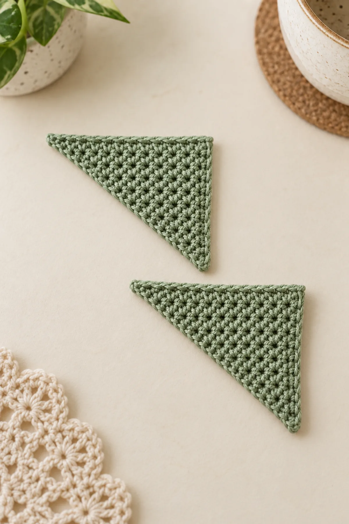Two separate matching small sage fine-thread right triangles, one about 18 stitches on its long top edge, straight perpendicular side and visibly sloping third edge, laid flat on cream desk; no seams or flower yet