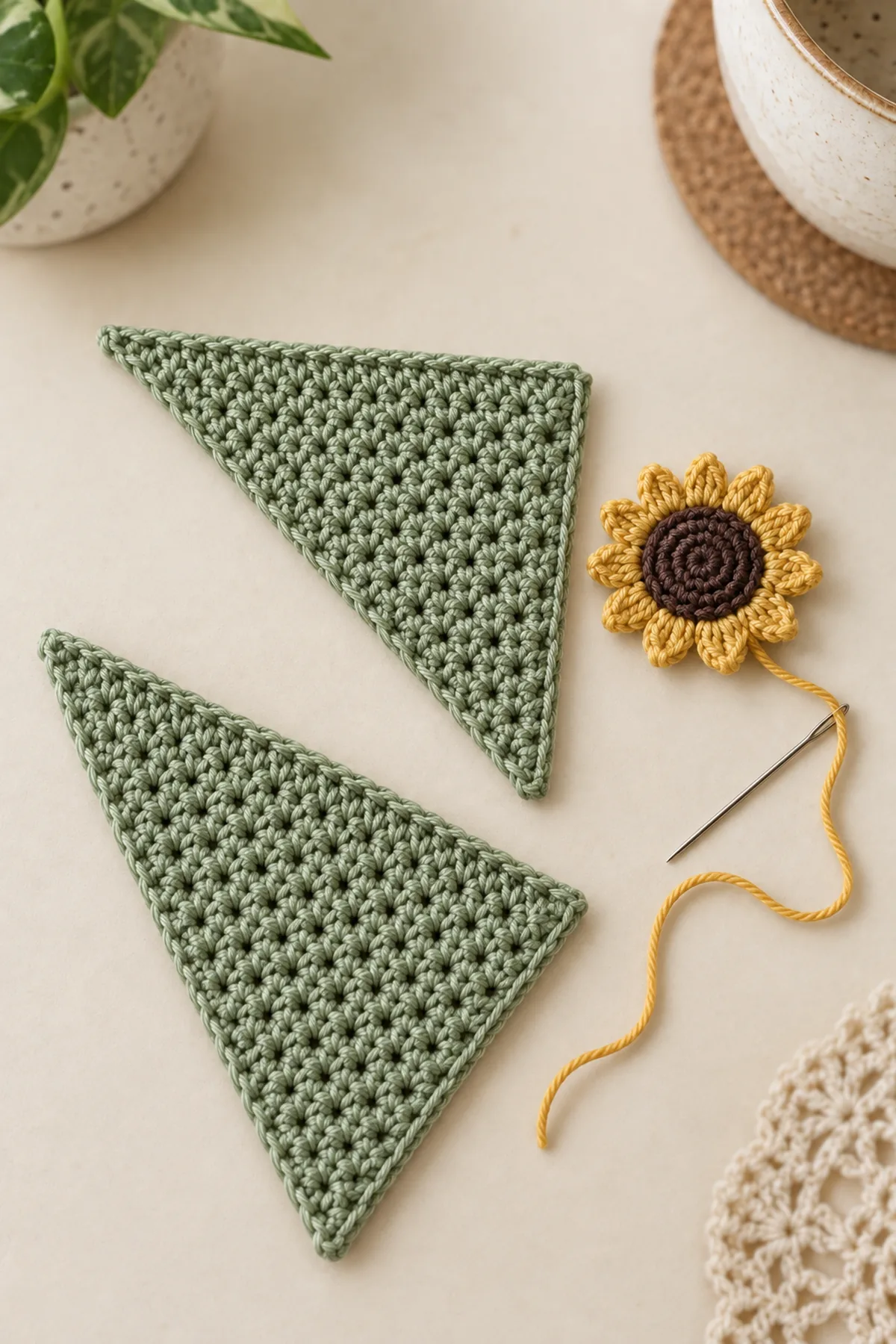 Small flat brown spiral crochet center surrounded by exactly twelve short golden sunflower petals beside one sage right-triangle front panel on cream desk. Needle with golden thread ready to sew flower to this single panel. Plain second triangle separate. No finished pocket yet