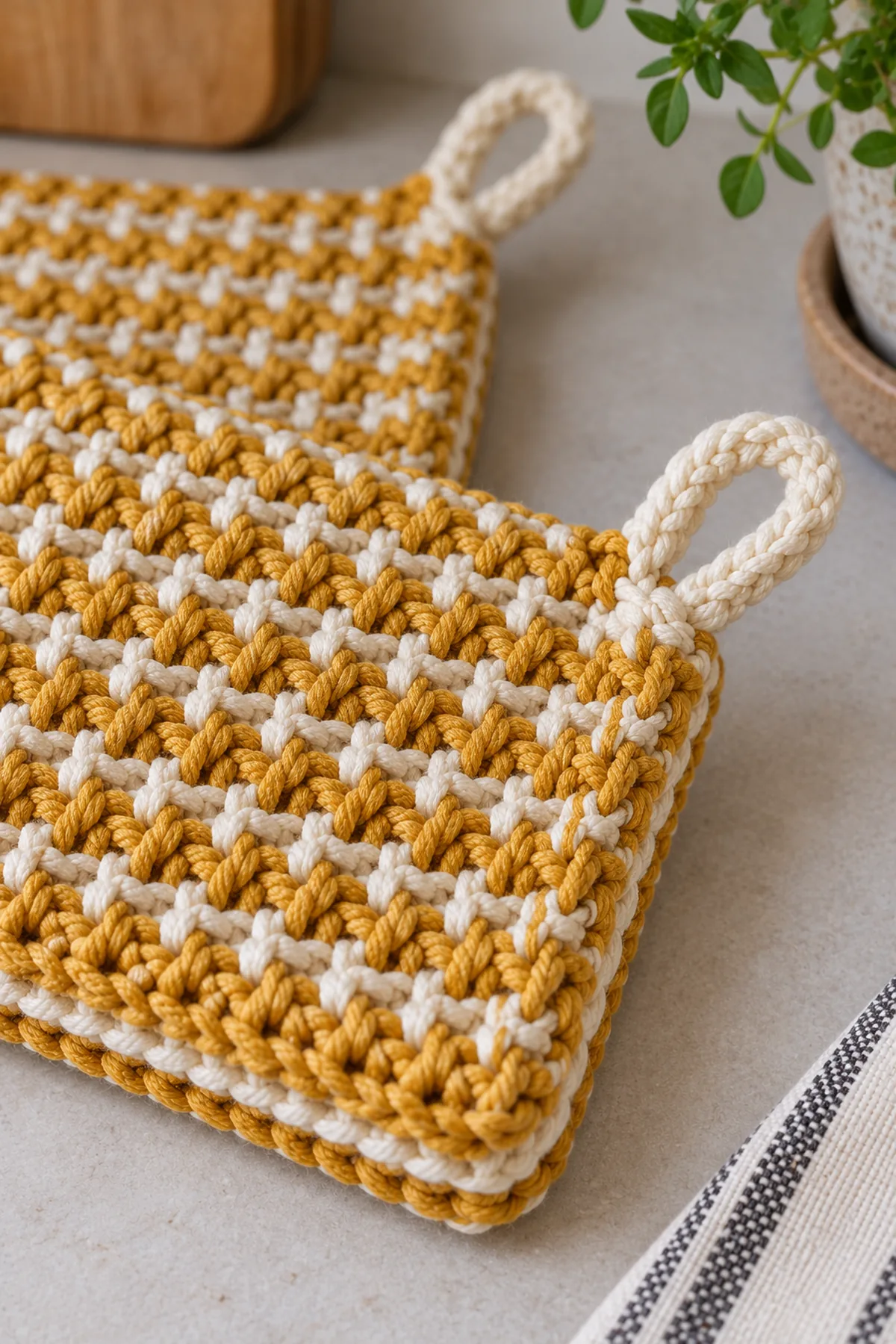 Close view of dense cotton thermal stitches and a carefully joined double-layer potholder edge with reinforced cotton hanging loop