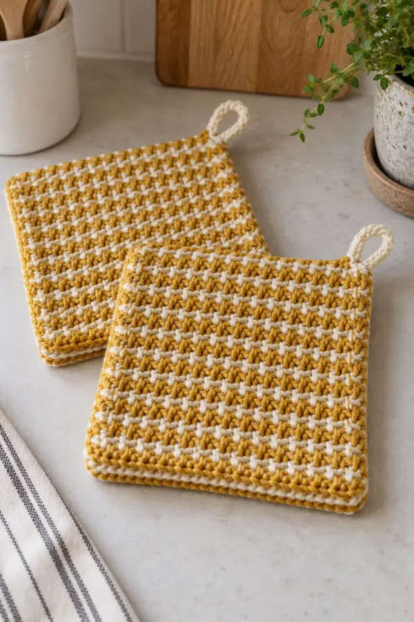 Original pair of square mustard and cream dense cotton crochet thermal-stitch potholders on a neutral kitchen surface, visibly double-layered edges and cotton hanging loops