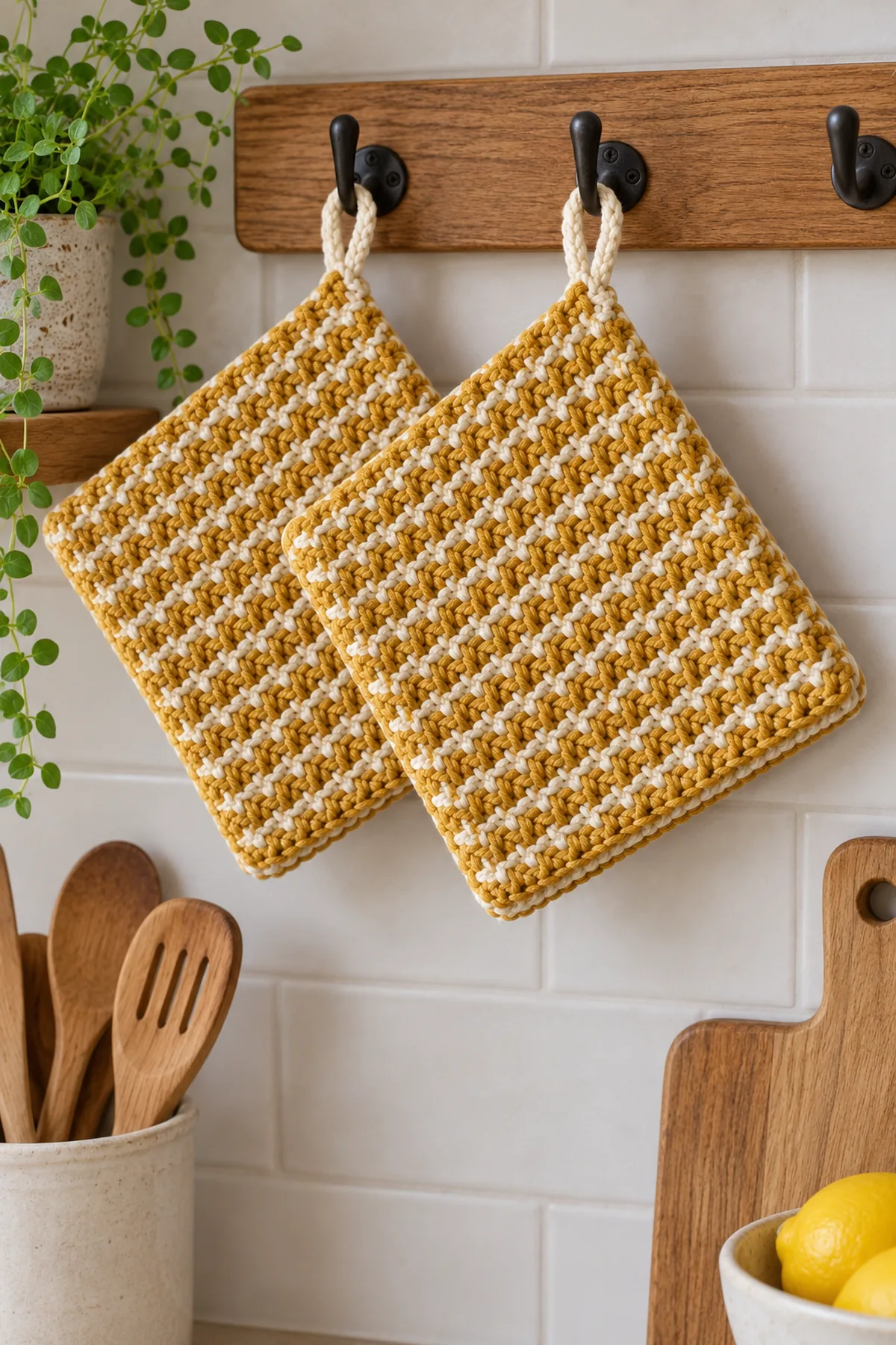 Completed mustard and cream double-layer square cotton potholder pair hung on kitchen hooks, no flame or hot pan contact