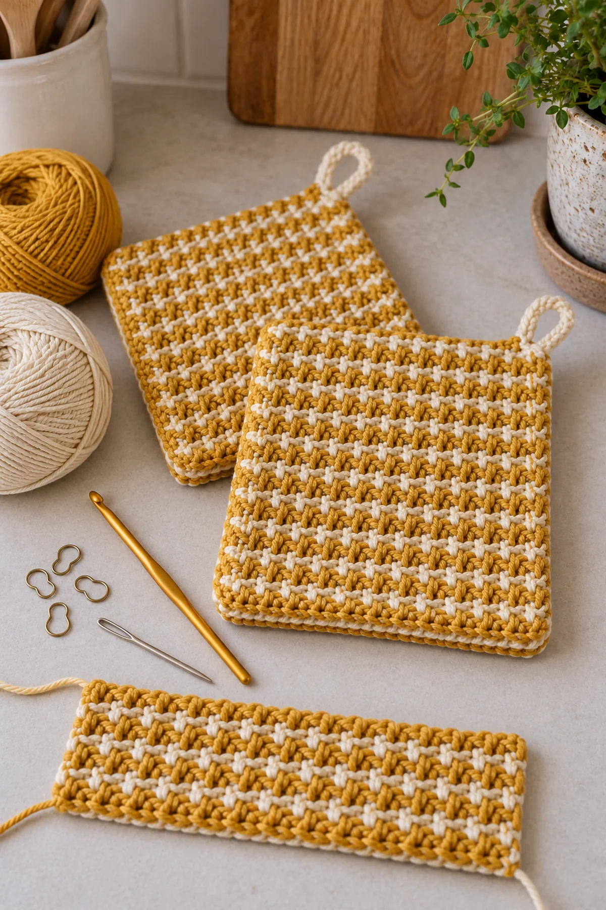 Mustard and cream 100 percent cotton yarn, crochet hook, blunt needle, markers and thermal-stitch swatch laid out safely away from heat